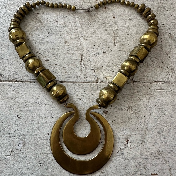 Vintage Jewelry - Vintage MCM Modernist Brass Etruscan Style Statement Necklace